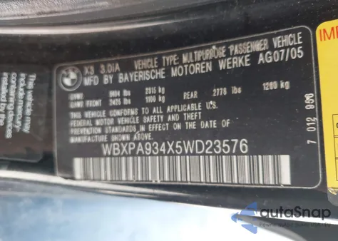 2005 BMW X3 3.0I z USA, uszkodzony, nr VIN WBXPA934X5WD23576